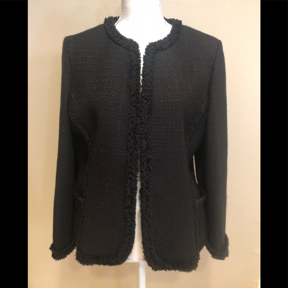 Ann Taylor Black Fringe-Trim Tweed Open Jacket